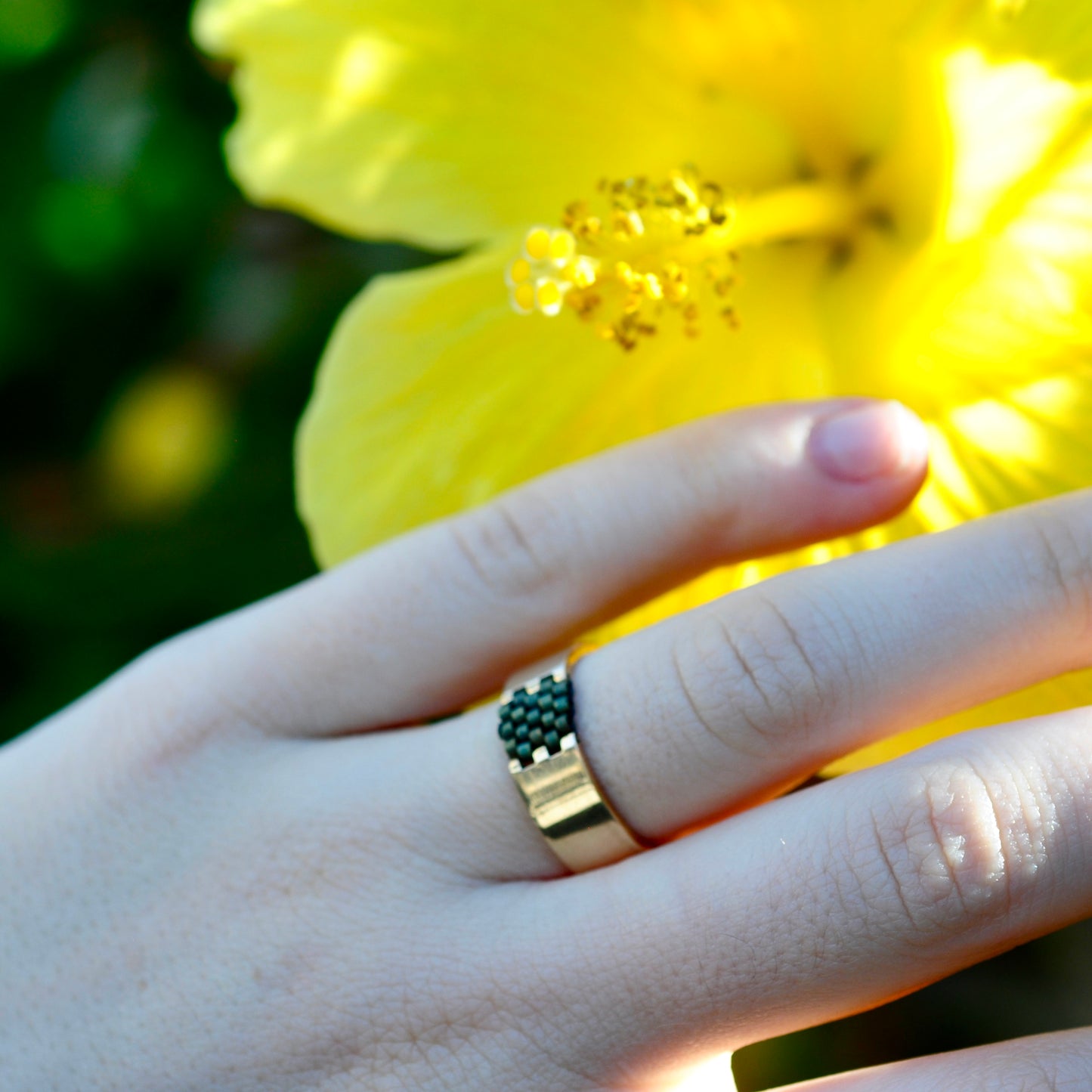 calm ring, beadwork and gold filled ring, beaded ring, gender neutral ring
