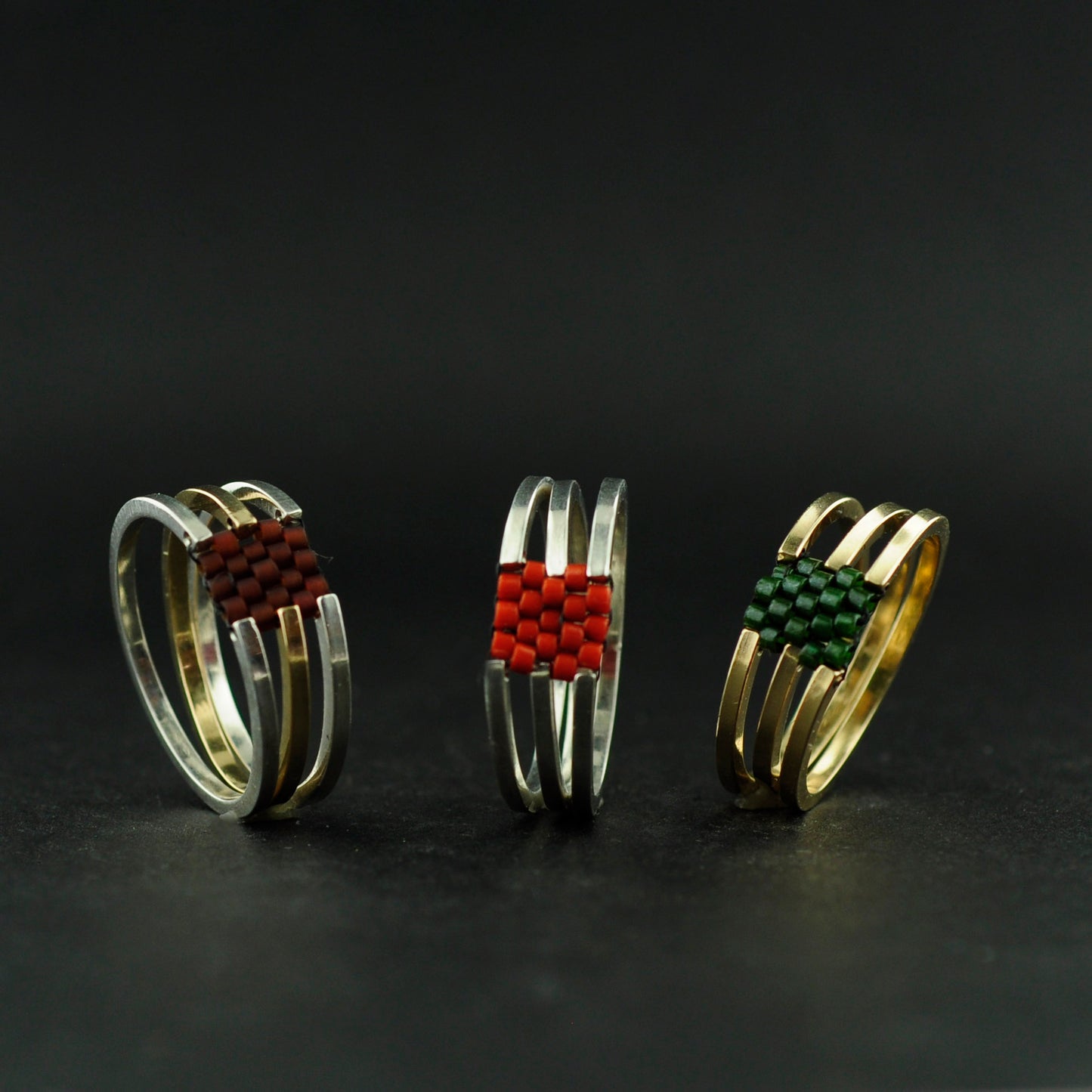3 rivers ring, beads and silver ring, beaded pattern ring,  miyuki delicas