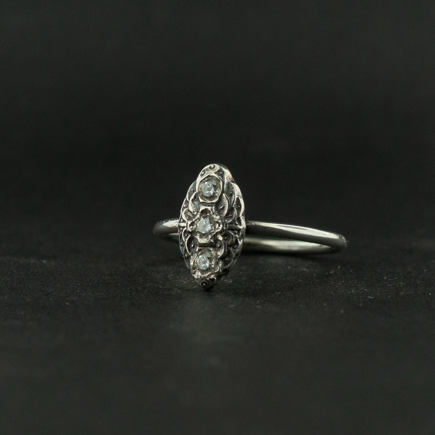 3 stone antique ring, vintage ring, white sapphire ring, edwardian style